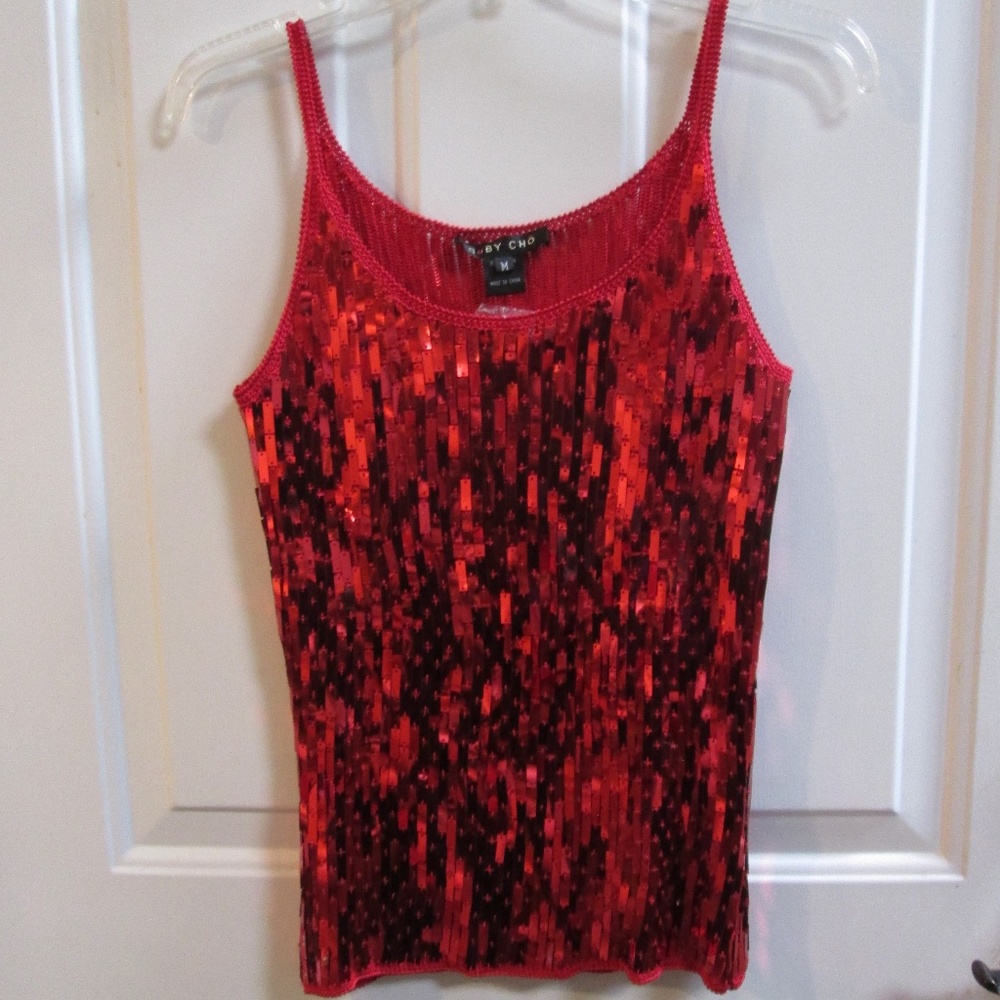 new RUBY CHO Red Sequins sexy blouse GREAT FOR CHRISTMAS Sz M